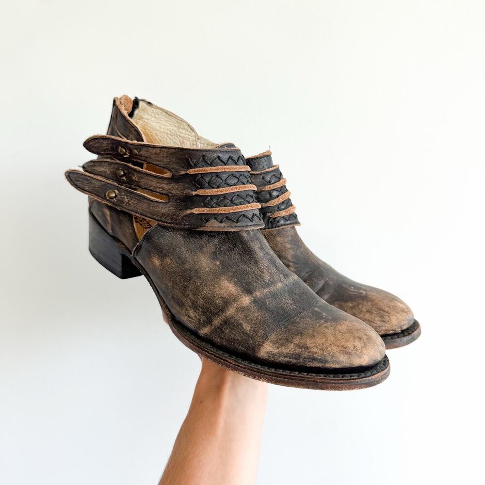 Freebird by Steven Slay Distressed Leather Harness Ankle Boots Brown 10